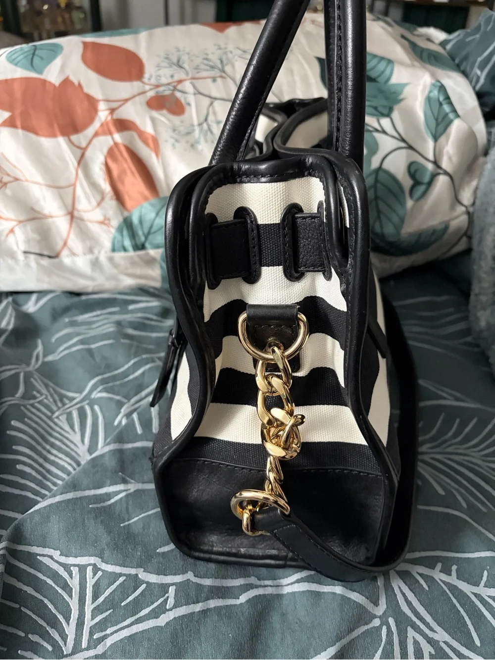 Michael Kors Black and White Striped Satchel with Gold Hardware